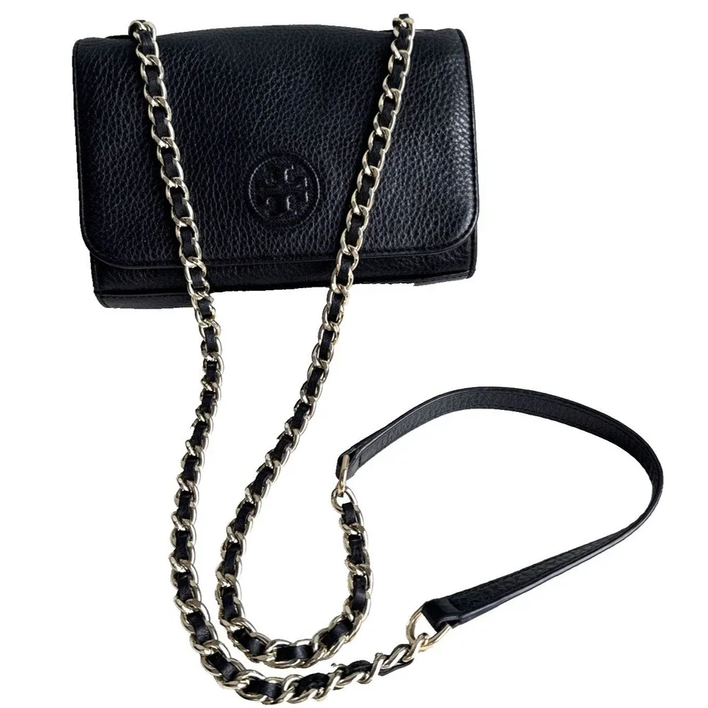 Tory Burch Bombe Shrunken Shoulder Bag Black Leather Gold Chain Authentic Y2K